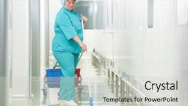  Presentation with pharmacy clinic - Presentation theme having hospital - adult cleaner maid woman background and a light gray colored foreground
