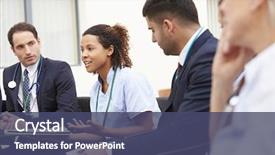  Presentation with staff meeting - Slide deck enhanced with hospital - members of medical staff background and a ocean colored foreground