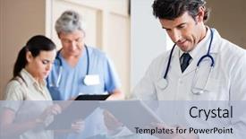  Presentation with digital hospital - Cool new theme with hospital - mid adult male doctor holding backdrop and a light blue colored foreground