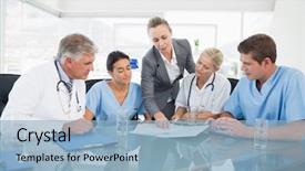  Presentation with team meeting - Presentation consisting of hospital - team of doctors and businesswoman background and a light blue colored foreground