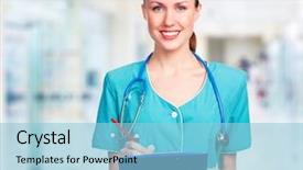  Presentation with medical smiling doctor - Cool new PPT theme with hospital administration - medical doctor woman backdrop and a light blue colored foreground