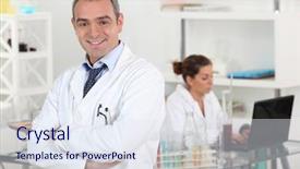  Presentation with cross - Cool new PPT layouts with hospital administration - smiling doctor cross-armed in lab backdrop and a  colored foreground