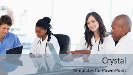  Presentation with interns - Colorful theme enhanced with hospital administration - smiling medical interns working backdrop and a light blue colored foreground