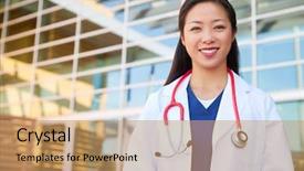  Presentation with lab coat - Cool new PPT theme with hospital architecture - smiling asian female healthcare worker backdrop and a coral colored foreground
