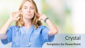  Presentation with medical smiling doctor - Amazing theme having hospital audit people - beautiful young doctor woman wearing backdrop and a light blue colored foreground