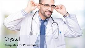  Presentation with new born doctor - Cool new PPT layouts with hospital audit people - handsome young doctor man backdrop and a light blue colored foreground