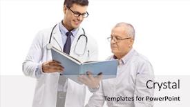  Presentation with elderly - Slides enhanced with hospital books - doctor showing a book background and a light gray colored foreground