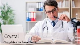  Presentation with medical education - Slides enhanced with hospital books - young doctor studying medical education background and a soft green colored foreground