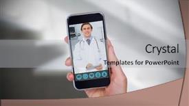  Presentation with phone - Audience pleasing slide deck consisting of hospital building - hand holding mobile phone backdrop and a light gray colored foreground