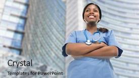  Presentation with nurse - Colorful presentation theme enhanced with hospital building - portrait of a smiling nurse backdrop and a light blue colored foreground