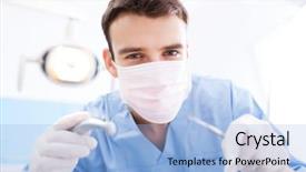  Presentation with hospital cleaning - Slide set consisting of hospital cleaning - dentist holding dental tools background and a light blue colored foreground