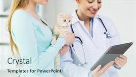  Presentation with kitten computer - Colorful slide set enhanced with happy woman and vet backdrop and a sky blue colored foreground