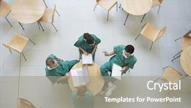  Presentation with cafeteria - Slides enhanced with review conference - top view of four physicians background and a gray colored foreground