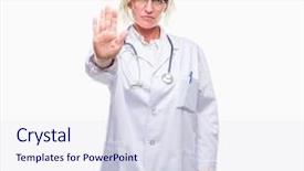  Presentation with hand palm - Theme having hospital denials - middle age blonde doctor woman background and a  colored foreground