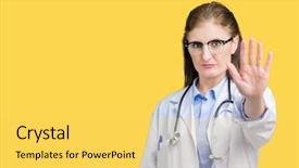  Presentation with medical hand - Slide set having hospital denials - middle age mature doctor woman background and a  colored foreground