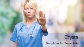  Presentation with medical hand - Slide deck consisting of hospital denials - young beautiful blonde doctor woman background and a light blue colored foreground