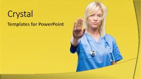  Presentation with medical hand - PPT theme with hospital denials - young beautiful blonde doctor woman background and a yellow colored foreground