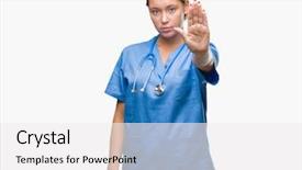  Presentation with medical hand - Slide set enhanced with hospital denials - young caucasian doctor woman wearing background and a  colored foreground