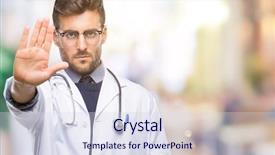  Presentation with hand palm - PPT theme enhanced with hospital denials - young handsome doctor man background and a  colored foreground