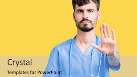  Presentation with hand surgeon - Amazing presentation design having hospital denials - young handsome nurse man wearing backdrop and a  colored foreground
