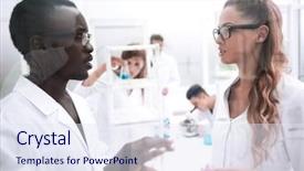  Presentation with laboratory - Slide deck featuring hospital engineering - multinational scientists work background and a sky blue colored foreground