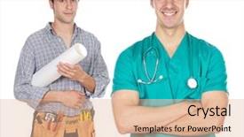  Presentation with engineering - Colorful PPT theme enhanced with hospital engineering - two happy workers backdrop and a coral colored foreground