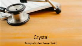  Presentation with electronic - Slide deck consisting of hospital information system - electronic medical stethoscope on keyboard background and a yellow colored foreground