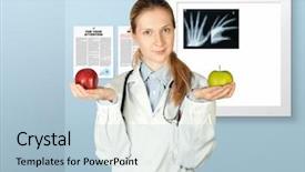  Presentation with green apples - Audience pleasing PPT theme consisting of hospital insurance - female doctor with green backdrop and a  colored foreground