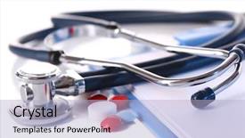  Presentation with pills - Theme with hospital insurance - stethoscope pills tablet isolated background and a light blue colored foreground