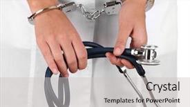  Presentation with octopus on isolated white - Theme enhanced with hospital law - doctor with stethoscope in handcuffs background and a light gray colored foreground