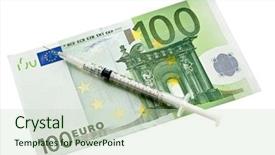  Presentation with european currency - Theme having hospital law - medical syringe lying upon european background and a soft green colored foreground