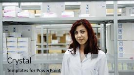  Presentation with worker - Cool new slides with hospital logistics - young cheerful female worker backdrop and a light gray colored foreground