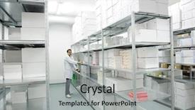  Presentation with logistics warehouse - Slides featuring hospital logistics - young cheerful worker in modern background and a light gray colored foreground