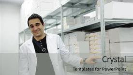  Presentation with drug - Cool new presentation theme with hospital logistics - young cheerful worker in modern backdrop and a  colored foreground