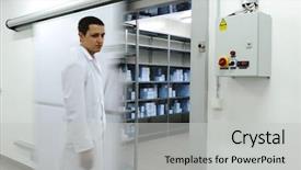  Presentation with refrigerator - Slides enhanced with hospital logistics - young worker opening door background and a light gray colored foreground