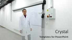  Presentation with refrigerator - Amazing theme having hospital logistics - young worker opening door backdrop and a light gray colored foreground