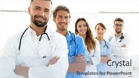  Presentation with members - Audience pleasing slide deck consisting of hospital management - portrait of the leading members backdrop and a light blue colored foreground