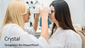  Presentation with medical ophthalmology - Slide set consisting of hospital medical store - eyesight test in optician cabinet background and a light gray colored foreground