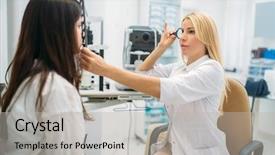  Presentation with eyesight - Presentation with hospital medical store - female optician and patient eyesight background and a light gray colored foreground