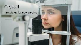  Presentation with eyesight - Presentation theme consisting of hospital medical store - female patient on eyesight test background and a light gray colored foreground