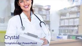  Presentation with health care - Beautiful slide set featuring hospital medical store - pharmacist woman health care background backdrop and a sky blue colored foreground