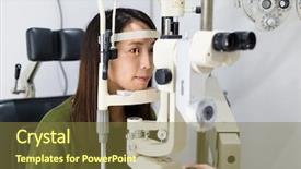  Presentation with eyesight - PPT theme featuring hospital medical store - woman doing eyesight test background and a  colored foreground
