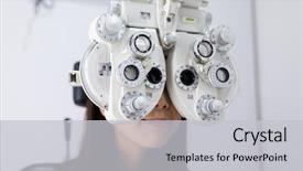  Presentation with eyesight - Theme with hospital medical store - young woman doing eyesight test background and a light gray colored foreground