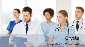  Presentation with lecture hall - Cool new theme with hospital profession people and medicine backdrop and a light blue colored foreground