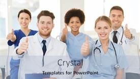  Presentation with lecture hall - Slide set featuring hospital profession people and medicine concept - group of happy doctors on seminar in lecture hall at hospital showing thumbs up gesture background and a light blue colored foreground