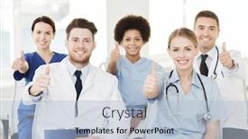  Presentation with lecture hall - Theme having hospital profession people and medicine concept - group of happy doctors on seminar in lecture hall at hospital showing thumbs up gesture background and a light blue colored foreground