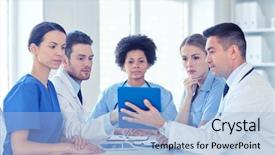  Presentation with medical profession - Colorful slide deck enhanced with hospital profession people and medicine concept - group of happy doctors with tablet pc computers meeting at medical office backdrop and a light blue colored foreground