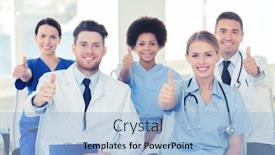  Presentation with lecture hall - Theme enhanced with hospital profession people and medicine concept - group of happy doctors on seminar in lecture hall at hospital showing thumbs up gesture background and a light blue colored foreground