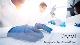  Presentation with scientist - Slide set with hospital projects - close up scientist typing background and a light blue colored foreground