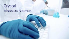  Presentation with scientist - Colorful slides enhanced with hospital projects - close up scientist typing backdrop and a sky blue colored foreground